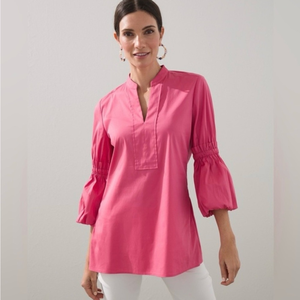 Chicos Women's Mauve Blouse with Ruched Sleeves